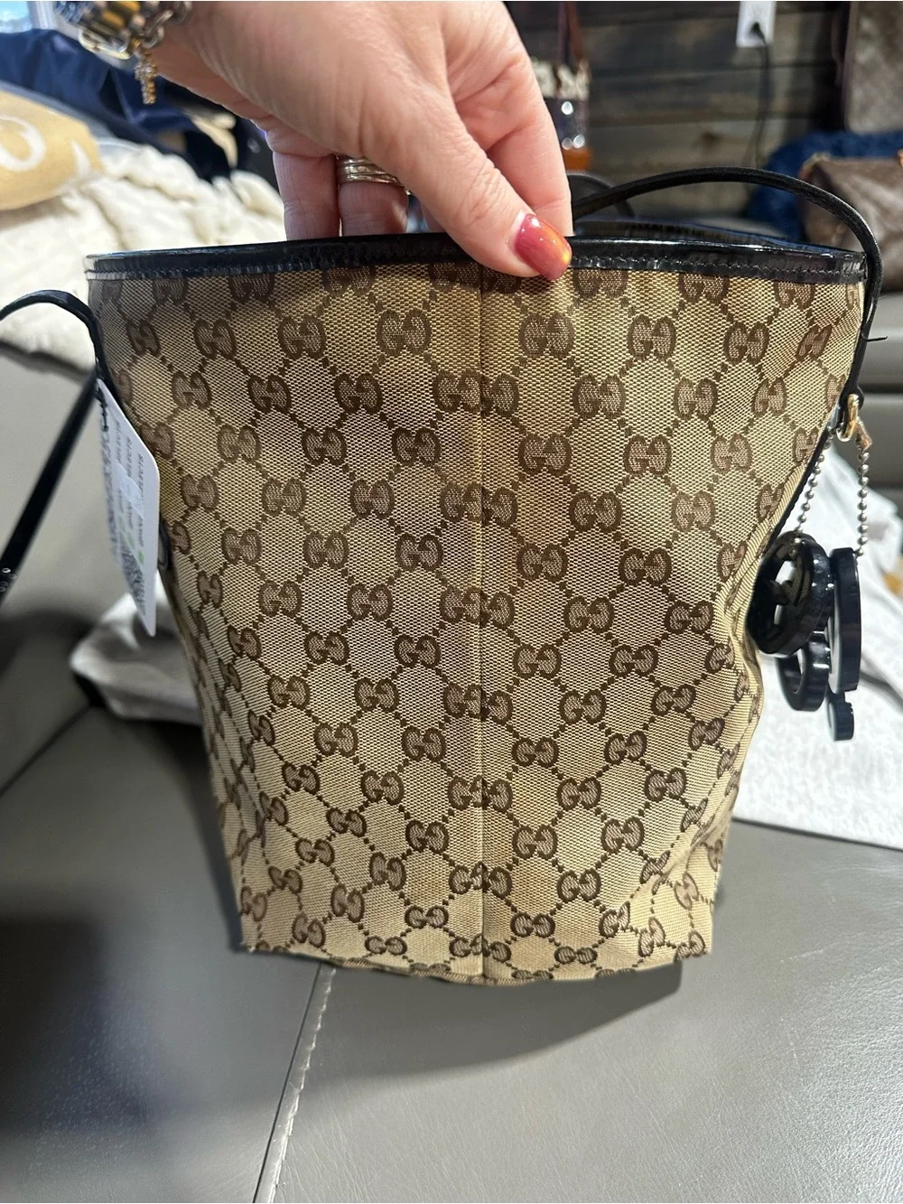 Gucci Beige GG Canvas Tote Bag with Black Patent Trim with COA